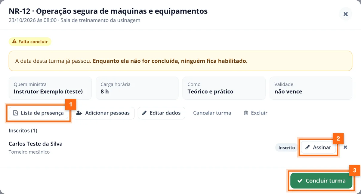 Painel da turma com a lista de presença, o inscrito com o botão Assinar e o botão Concluir turma