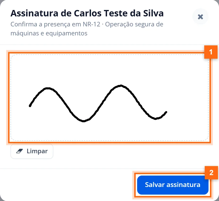 Janela de assinatura do participante com o quadro de assinatura e o botão Salvar assinatura