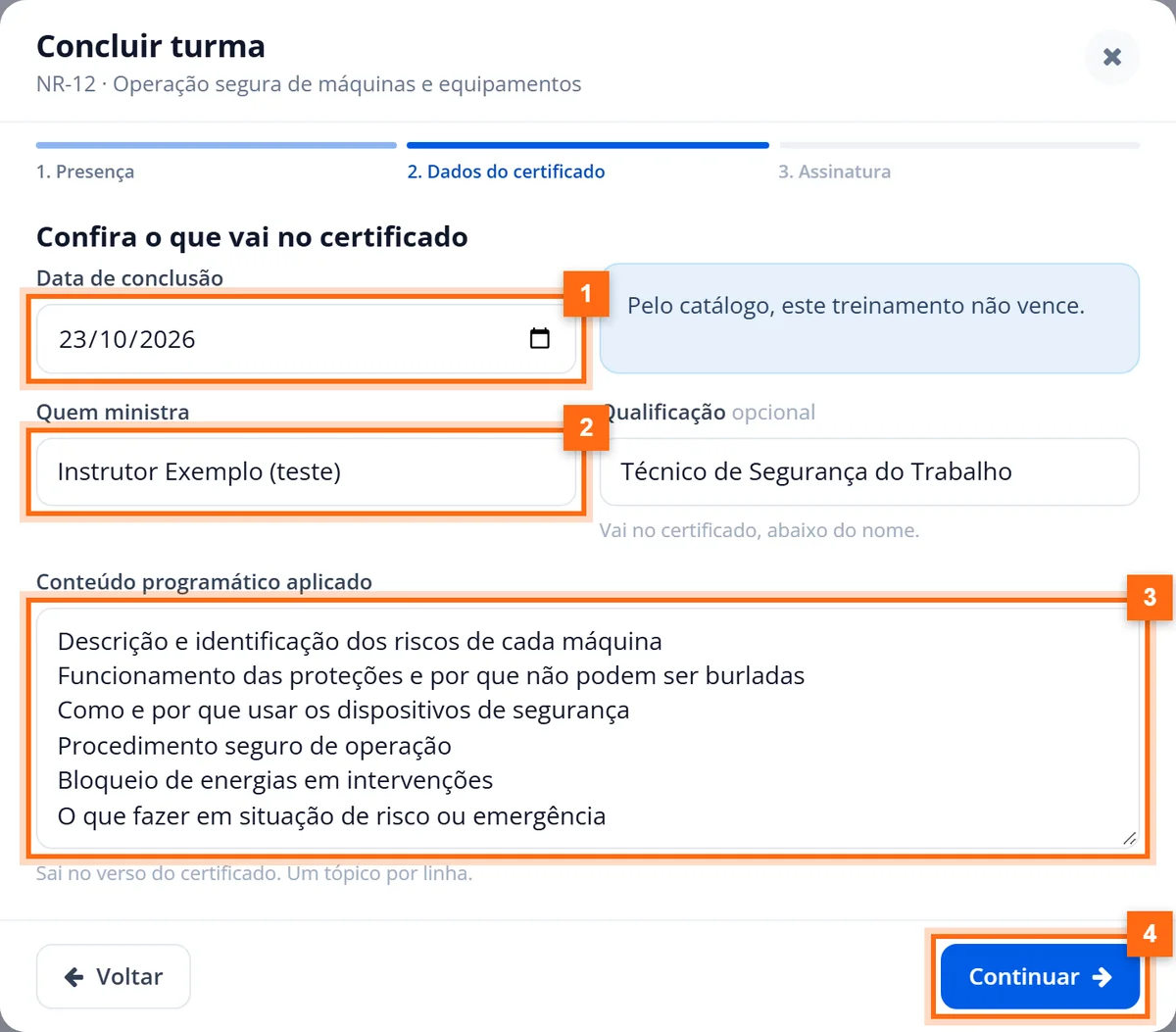 Etapa Dados do certificado com data de conclusão, instrutor e conteúdo programático aplicado