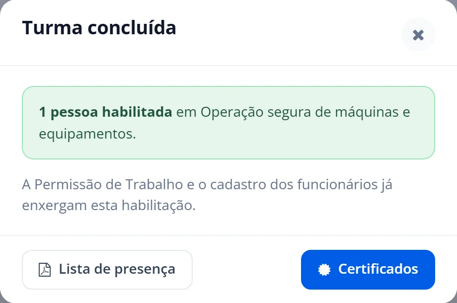 Janela Turma concluída com 1 pessoa habilitada e os botões Lista de presença e Certificados
