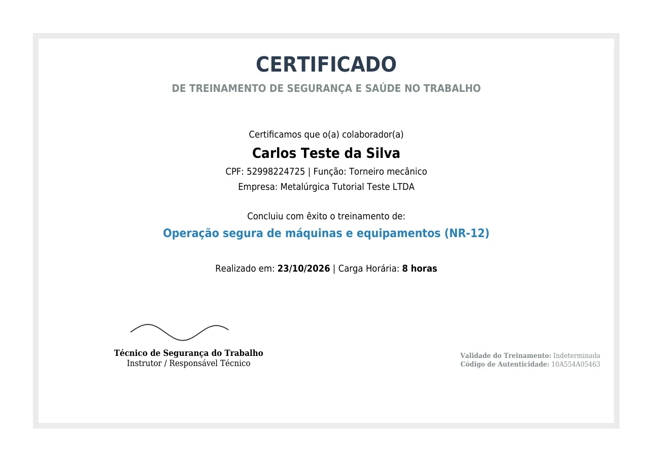 Certificado de treinamento em PDF do funcionário fictício em NR-12, com carga horária, validade e código de autenticidade