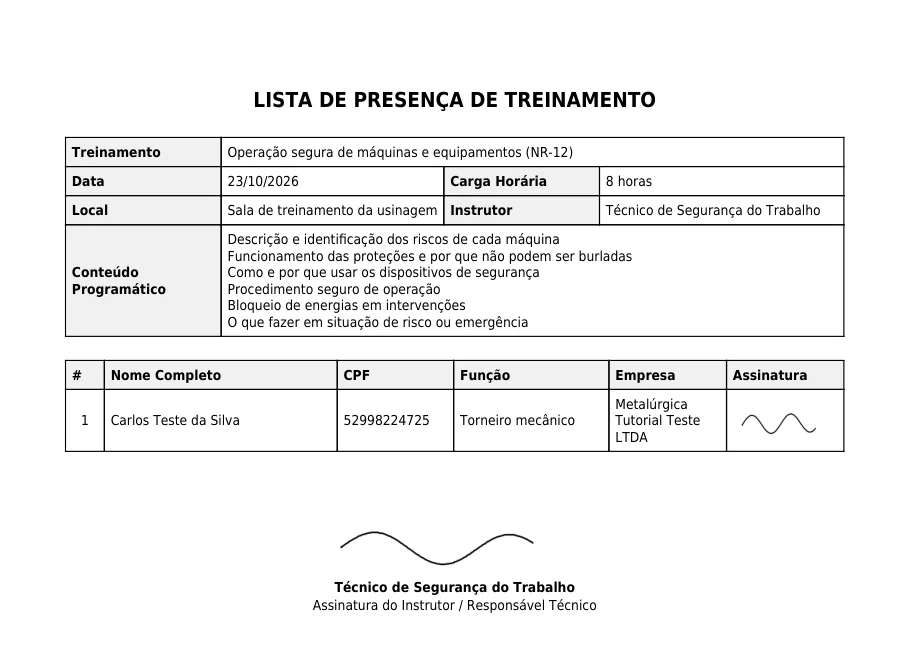 Lista de presença em PDF com dados do treinamento, conteúdo programático e a assinatura do participante