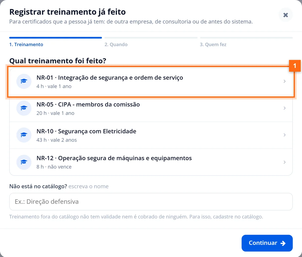 Registrar treinamento já feito, etapa Treinamento, com NR-01 Integração destacado