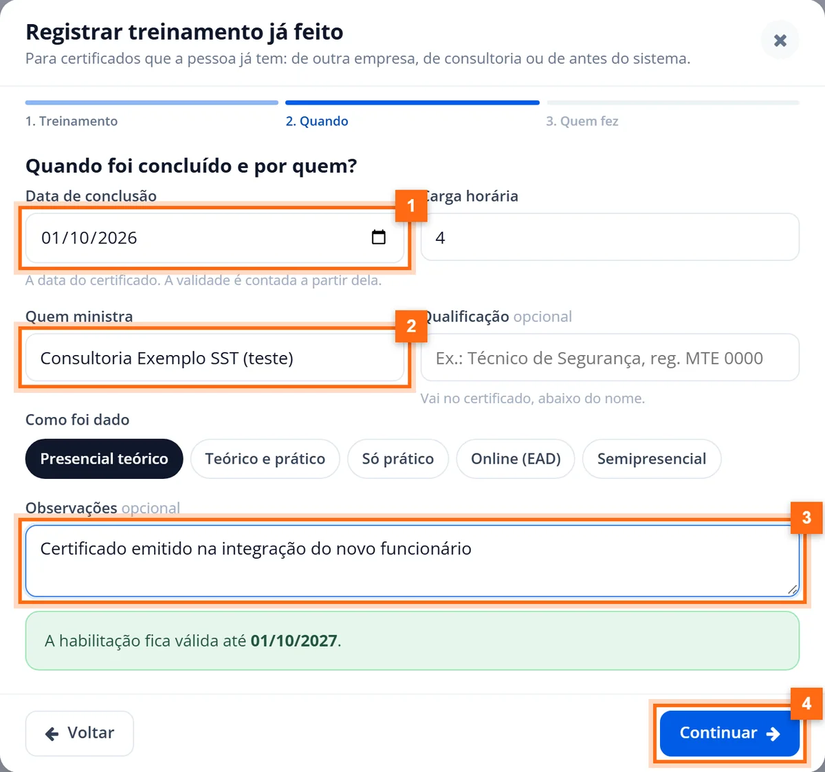 Etapa Quando do registro com data de conclusão, quem ministrou, observações e a validade calculada