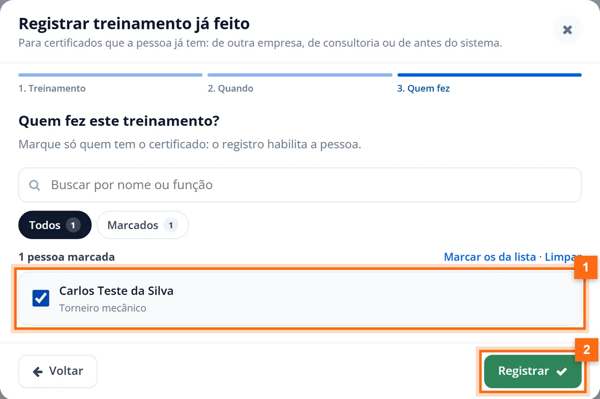 Etapa Quem fez com o funcionário marcado e o botão Registrar