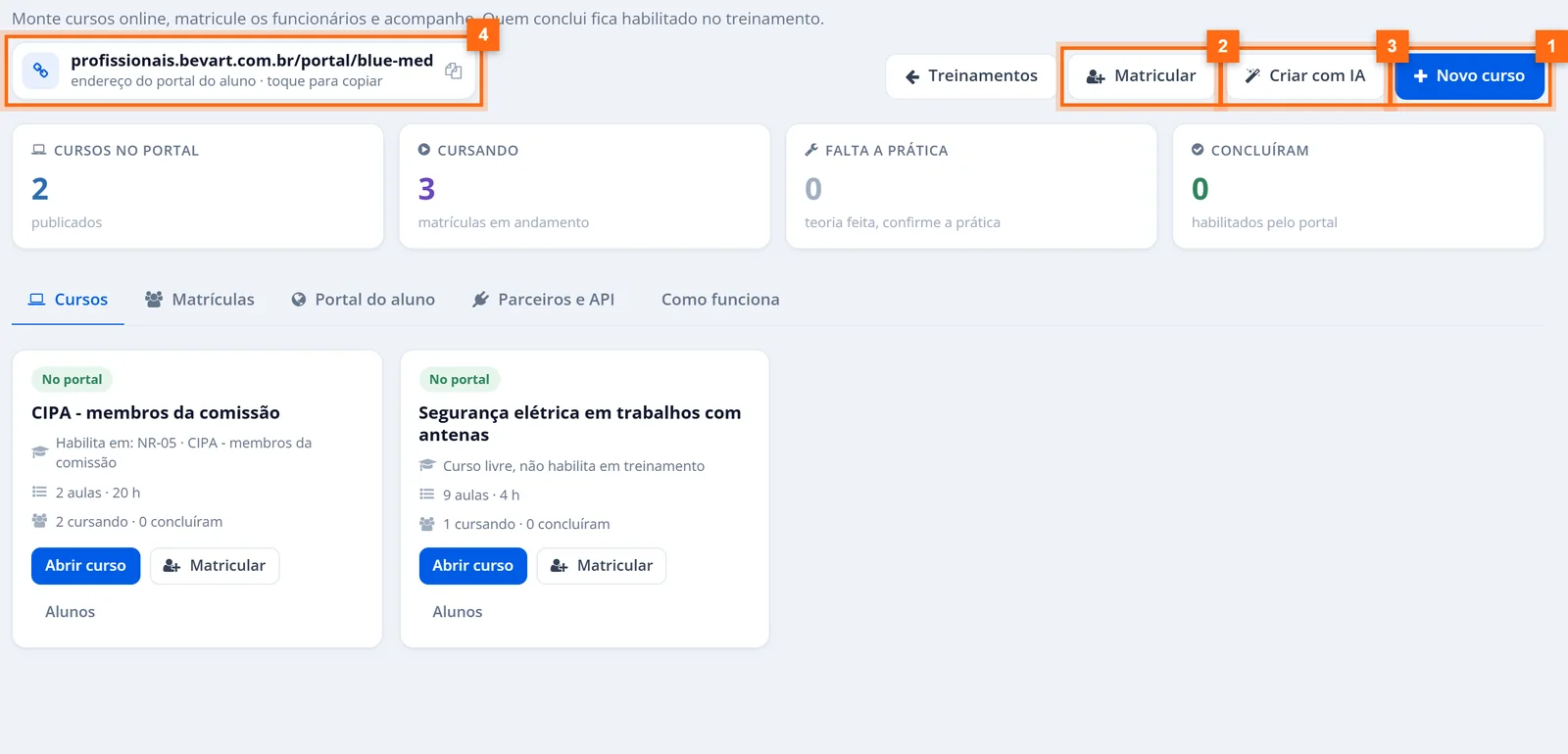 Portal de cursos com endereço do portal do aluno, botões Novo curso, Matricular e Criar com IA e indicadores de matrículas
